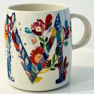 ANTHROPOLOGIE Petal Palette Floral Coffee Mug Cup, Initial "M",  In Original Box